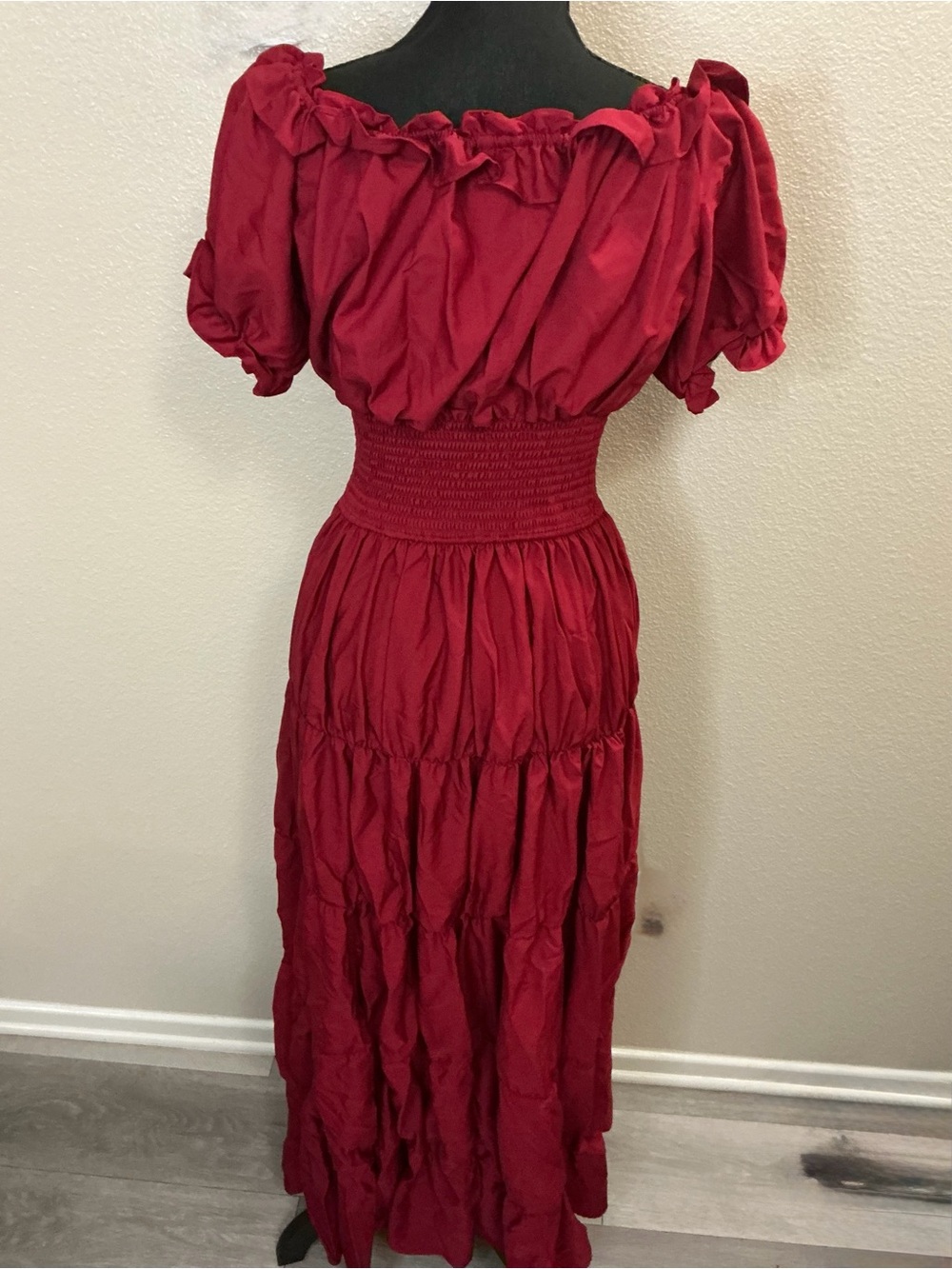 Women's Red Puff Sleeve Smocked Waist Maxi Dress - Picture 6 of 6